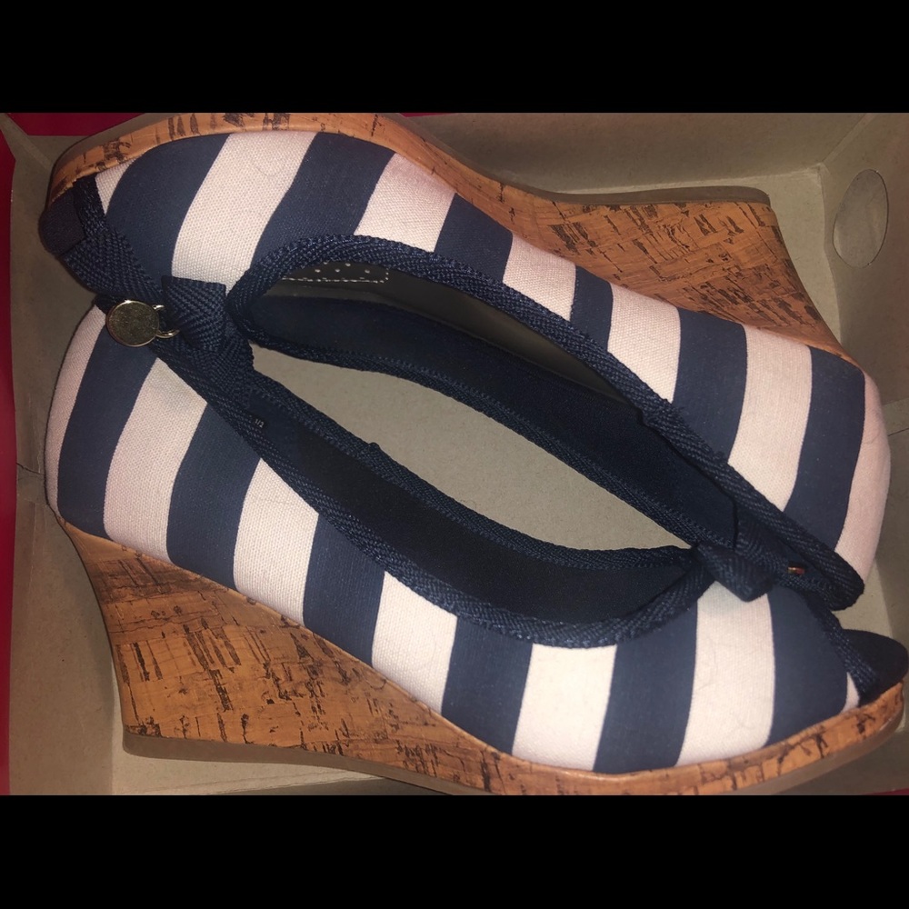 Navy and white wedge shoes